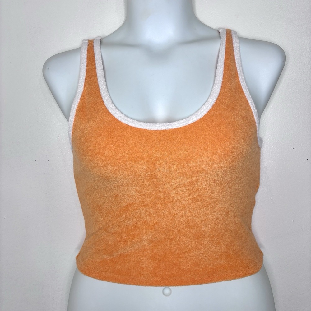 Hollister Terry Cloth Cropped Tank Top Large Orange White Lounge Beach Casual